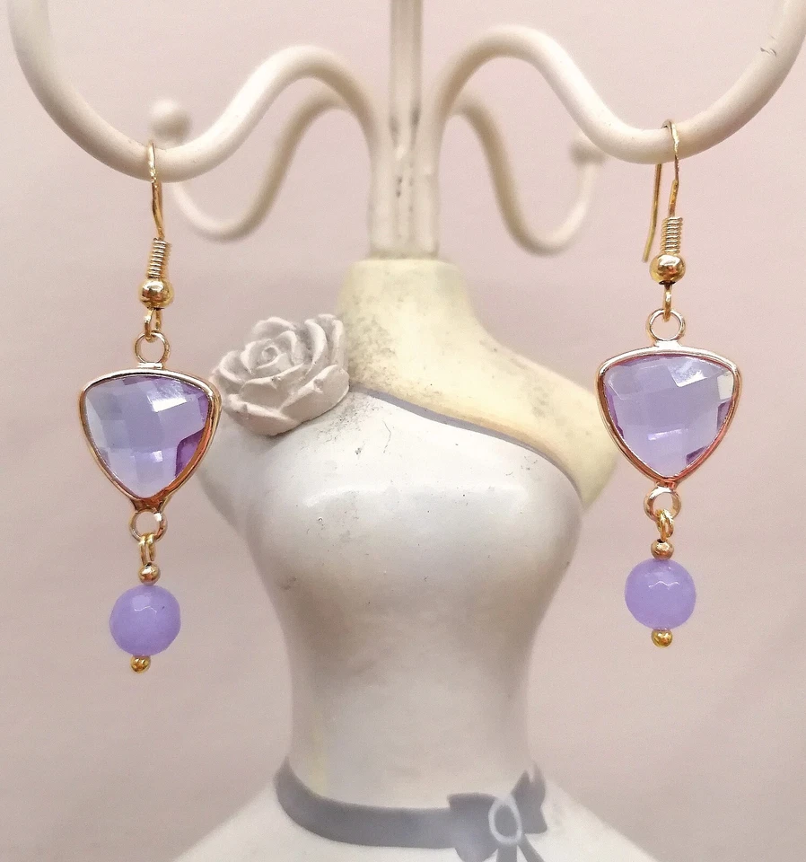 Orecchini Argento 925  Cabochon Cristallo Triangolare E Ametista Lilla - Immagine 1 di 1