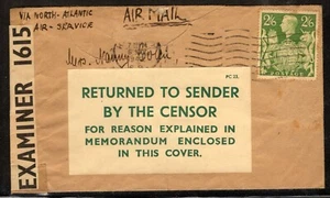 GB KGVI - DEVUELTO AL REMITENTE POR CENSOR Cubierta por NORTH ATLANTIC Air Service 1942 - Imagen 1 de 2