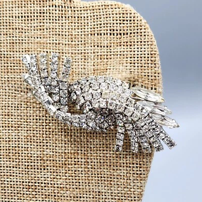 Retro Vintage Clear Navette Chatone Rhinestone Swag Twist Rhodium Plate Brooch - Image 1 of 4