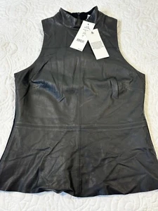 DKNY Top elegante donna in pelle davanti nero senza maniche taglia small nuovo con etichetta - Foto 1 di 6