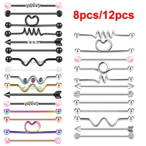 7-12 Stück Industrial Barbell Edelstahl Knorpel Ohrringe Körper Piercing 14G - Bild 1 von 13