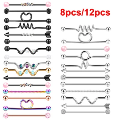 Pendientes de cartílago de acero inoxidable con barra industrial de 7-12 piezas piercing corporal 14G Foto 1 de 4