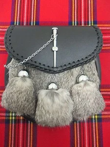 Gray Rabbit & Leather with Pin Closure Sporran for Kilts Includes Chain Belt - Picture 1 of 1