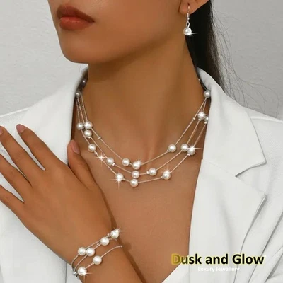 Conjunto de joyas de perlas de imitación para mujer collar pendientes colgantes pulsera regalo de boda para dama Foto 1 de 4