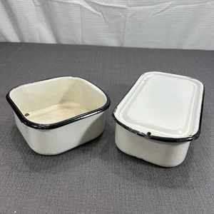 2 Vtg Enamelware Refrigerator Containers & 1 Lid White w/Black Trim - Picture 1 of 9