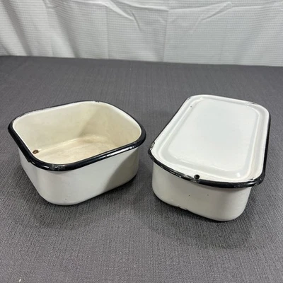 2 Vtg Enamelware Refrigerator Containers & 1 Lid White w/Black Trim - Image 1 of 4
