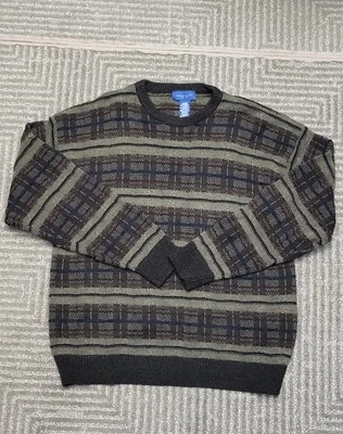 Vintage Towncraft Sweater Men Large L Striped Checkered Grey Brown Blue Acrylic - Image 1 of 4
