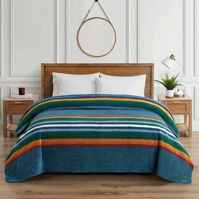NEW PENDLETON Mantra Striped Serade Sherpa Fleece BLUE Blanket King Sz 92 x 114 - Image 1 of 4