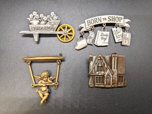 Lot of 4 Vintage Pewter Brooches Pin JJ Jonette Wheelbarrow Angel Born to Shop - Picture 1 of 7