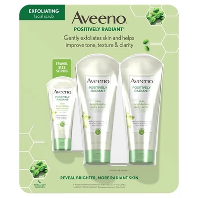 AVEENO Positively Radiant  Skin Brightening Facial Scrub Set of 3 New Sealed - Image 1 of 3