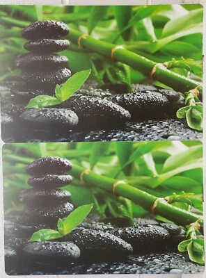Set of 2 Vinyl Foam Placemats(12"x18") GREEN LEAVES,BAMBOO TREES & WET STONES,HS - Image 1 of 4