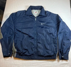 VTG Sz M Nike Navy Blue Track Jacket Mini Swoosh Windbreaker White Tag 90s Zip - Picture 1 of 24