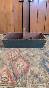 Best Antique Early Country Wood Tote Carrier Old Red Green Paint 16" Canted - Picture 1 of 13