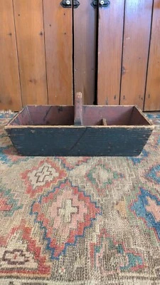 Best Antique Early Country Wood Tote Carrier Old Red Green Paint 16" Canted - Image 1 of 4