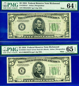 1934 $5 FRN Richmond Mule PMG 65EPQ lot of 2 star Fr 1956-E* non-star Fr 1956-E - Picture 1 of 3