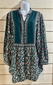 Woman Within Green Pink Floral Button Front Tunic Large 18/20 Cottagecore Cute - Picture 1 of 5
