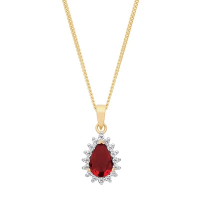 9ct Yellow Gold on Silver simulated RUBY Pear Cluster Pendant Necklace - Image 1 of 4