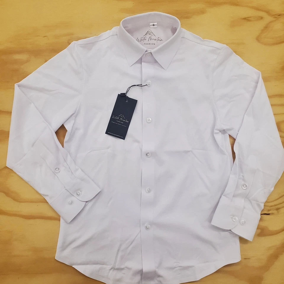 Camisa de vestir blanca para niños con tela de mezcla de poliéster de algodón suave súper elástica Foto 1 de 4