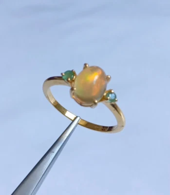 Natural Fire Opal Oval Cabochon Ring 925 Silver Gold Plated Fine Jewelry Gift - Image 1 of 4