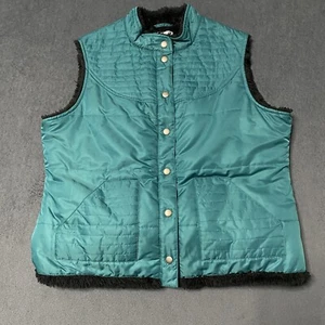 Pendleton Puffer Vest Womens Large Petite Quilted Snap Up Teal Pockets Faux Fur - Picture 1 of 5