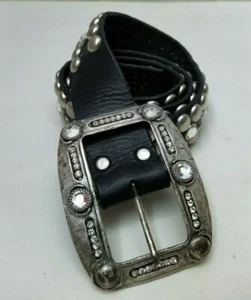 Leatherock Black Leather Studs Rhinestone Women Buckle Belt Made in USA - Sz 32 - Picture 1 of 12