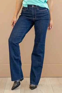 Judy Blue High Rise jeans Straight leg stretch waist denim 3 26 raw hem dark NWT - Picture 1 of 17