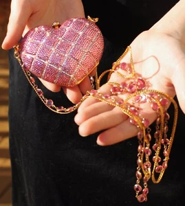 Pochette Kathrine Baumann CUORE ROSA TRAPUNTATO cristallo swarovski JUDITH LEIBER PETTINE - Foto 1 di 10