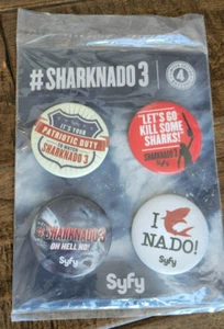 2015 SDCC COMIC CON EXCLUSIVE SYFY SHARKNADO 3 BUTTON BADGE PIN SET OF 4 ON CARD - Picture 1 of 1
