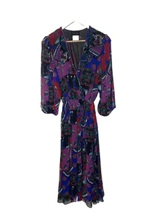 Maxi abito vintage Diane Freis Georgette, geisha, pavoni, boho plissettato - Foto 1 di 10