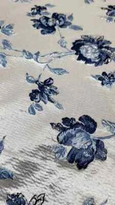 "Beige Textured Fabric with Navy Blue Floral Brocade – Sold by the Yard" - Picture 1 of 3