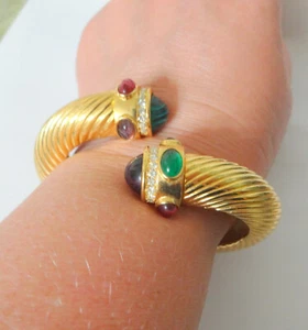 Vintage GIVENCHY Green Pink Blue Rhinestone Gold Tone Bypass Bracelet - Picture 1 of 12