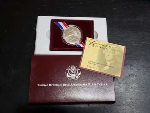 1993 Thomas Jefferson UNC Commemorative 90% Silver Dollar w/ OGP Cover