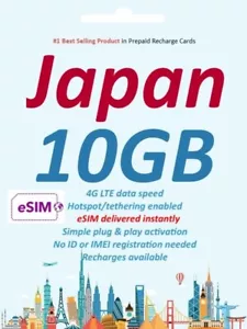 eSIM Japan Travel 10GB High-Speed Data, 15 Days, Docomo IIJmio, No Physical sim - Picture 1 of 2
