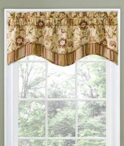 Waverly Navarra Scallop Valance Jacobean Floral Stripe Antique Beige - Picture 1 of 8