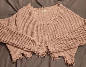 Sudadera Tejida Elan Para Mujer Rosa Suelta Tejido Flecos Recortado Suéter - Imagen 1 de 14