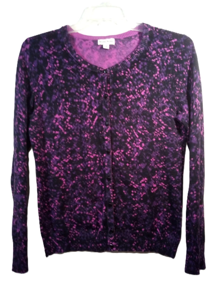 Studio Works Cardigan Sweater Women M Black Purple Round Neck Long Sleeve - Image 1 of 4
