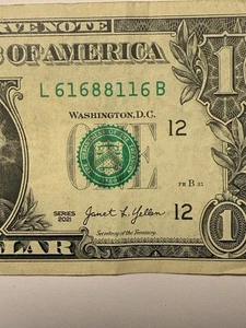 Billete de un dólar Trinary 1s 6s 8s número de serie elegante $1 serie L61688116B 2021 - Imagen 1 de 10