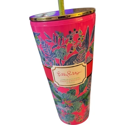 Copo acrílico Lilly Pulitzer 24 oz parede dupla, com palha, listras ganhas Lil - Imagem 1 de 2