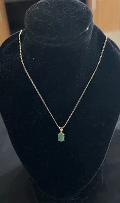 Natural Green Emerald Pendant W/Diamond & 18" Necklace Both 14kt Yellow Gold - Image 1 of 4