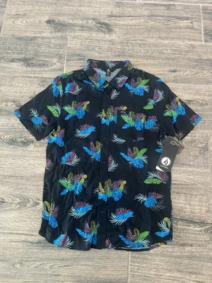 NWT Volcom Black Flower Short Sleeve Dress Lounge Shirt Small S 100% Viscose NEW - Image 1 of 4