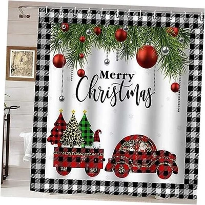  Cortina de chuveiro xadrez preta e branca de Natal, xadrez preto e branco leopardo - Imagem 1 de 4