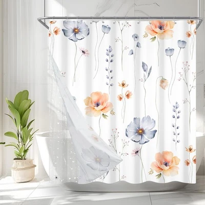 3 in 1 Shower Curtain Set, 70x78 Inch, Navy Blue Beige Floral, 12 Hooks - Image 1 of 4