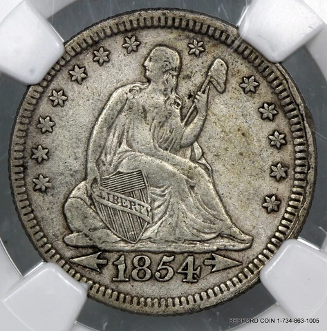 NGC XF45 1854 WITH ARROWS SEATED LIBERTY QUARTER 25c   (BC20) Cover