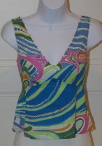 TIBI Blue Green Pink Orange Empire Waist Cotton V-Neck Sleeveless Blouse Sz 4 - Picture 1 of 10