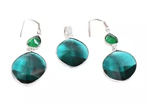 925 Argento Sterling Smeraldo Quarzo Gemma Artigianale Ciondolo Orecchini Regalo - Foto 1 di 7
