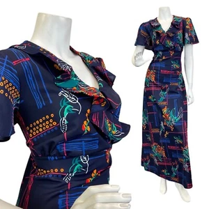 VINTAGE 60s 70s BLUE GREEN ORANGE GEOMETRIC DOTTY LEAFY MOD MAXI DRESS 16 - Picture 1 of 7