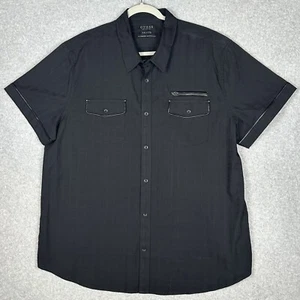 Guess Shirt Mens XL Black Button Up Short Sleeve Faux Leather Trim Pockets Moto - Picture 1 of 10