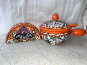Talavera Salsa Schüssel mit Löffel und Serviettenhalter 2er Set Puebla -orange- - Bild 1 von 9