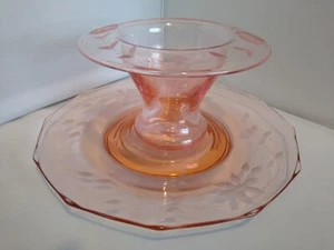 Lancaster Sweet Pea Twinkle Pink Depression Glass Vase & Underplate Wheel Cut - Picture 1 of 19