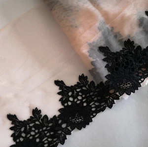 2.5 Y 7.5" W Baby Pink Tulle Lace/Embroidered Black Rayon Venise Flower xh146 - Picture 1 of 2